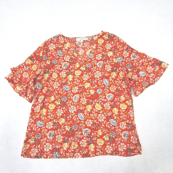 LOFT Tops - LOFT Blouse Womens Medium Orange Floral Flutter Sleeve V-Neck Casual Top